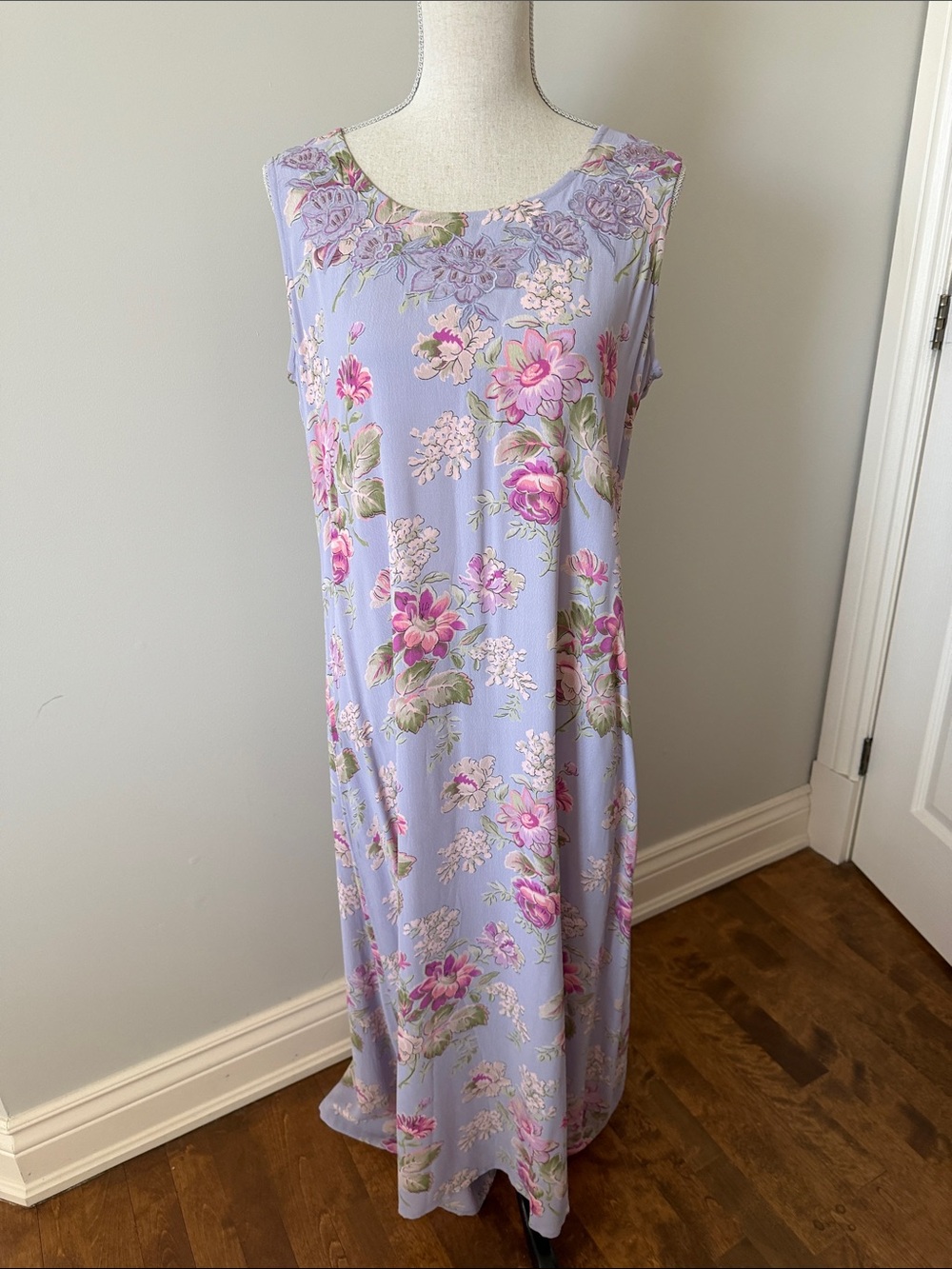 April Cornell Lavender Floral Maxi Dress with Pink and Green Accents